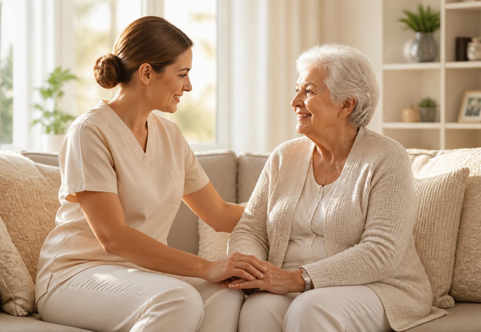 A caregiver and an elderly woman smile at each other on a bright sofa.