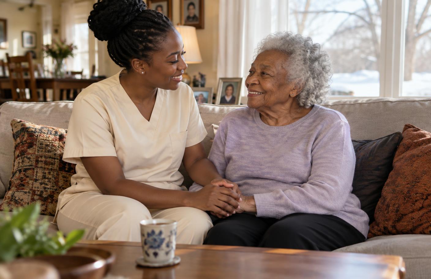 A Black caregiver and an elderly Black woman share a warm conversation at home.