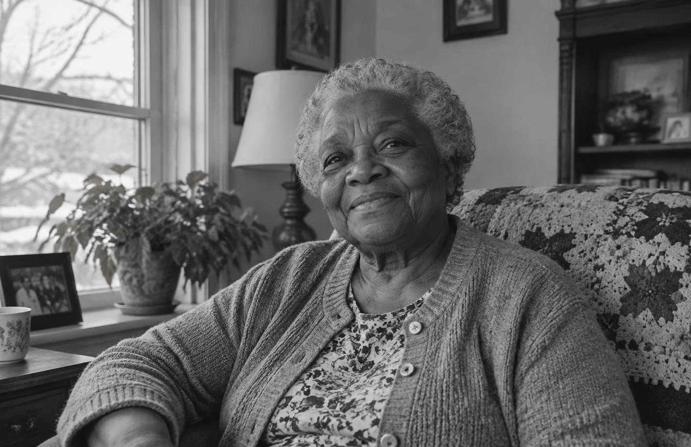 An elderly Black woman smiles while relaxing in her living room.
