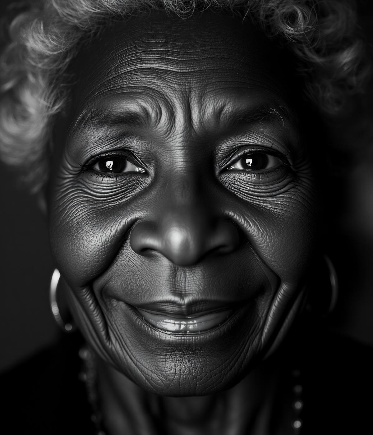 Close portrait of an elderly woman smiling.