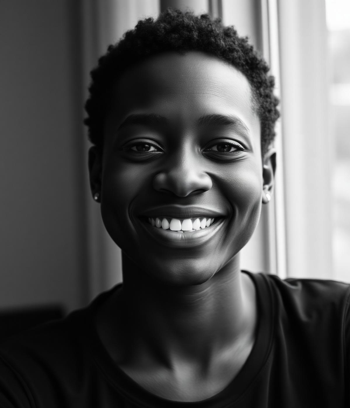 Portrait of a young adult smiling in warm home light.